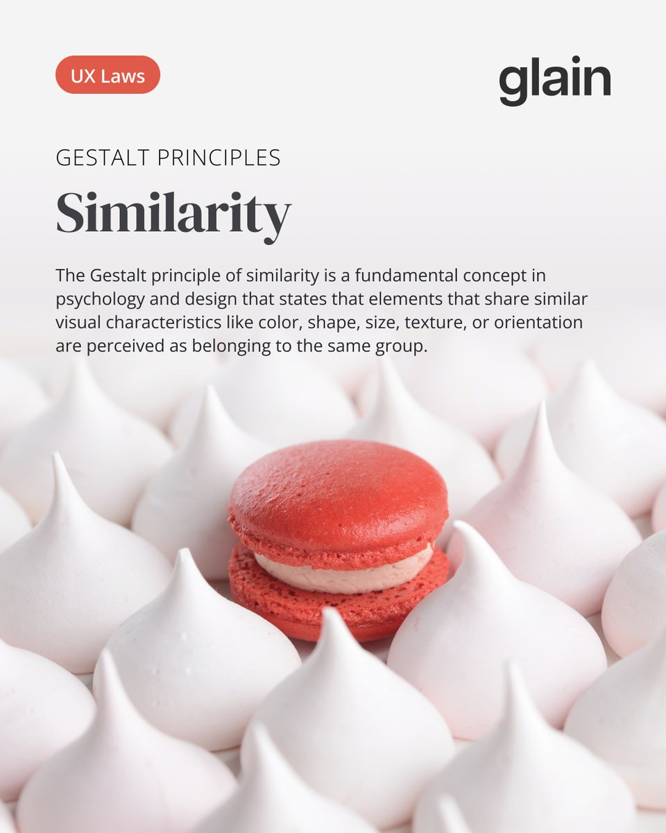 glainstudio's tweet photo. The Gestalt principle of Similarity states that elements with similar visual characteristics such as color, shape, size, texture, and orientation are perceived as belonging to the same group.

#LawsofUX #Similarity

Contact us to design remarkable experiences. ❤️ https://t.co/cuDgUX2Sw9