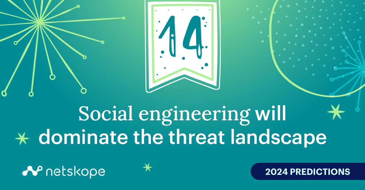🔮 Prediction #14: Social engineering will be the primary infiltration tactic in cyberattacks, because it can be effective against a wide variety of targets. What else is in store for 2024? Read on for more #2024Predictions: netskope.com/blog/five-thre…