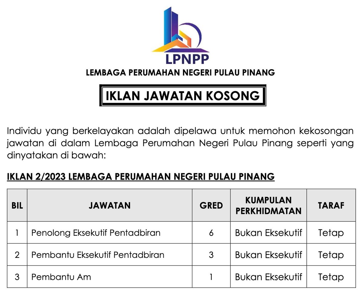 ✅ LEMBAGA PERUMAHAN NEGERI PULAU PINANG Jawatan 1. Penolong Eksekutif Pentadbiran 2. Pembantu Eksekutif Pentadbiran 3. Pembantu Am 📌 Iklan Penuh : peluangkerjaya.com/jobs/lembaga-p… #kerjakosong #jawatankosong #peluangkerjaya #carikerja #hiringnow #jobstreet