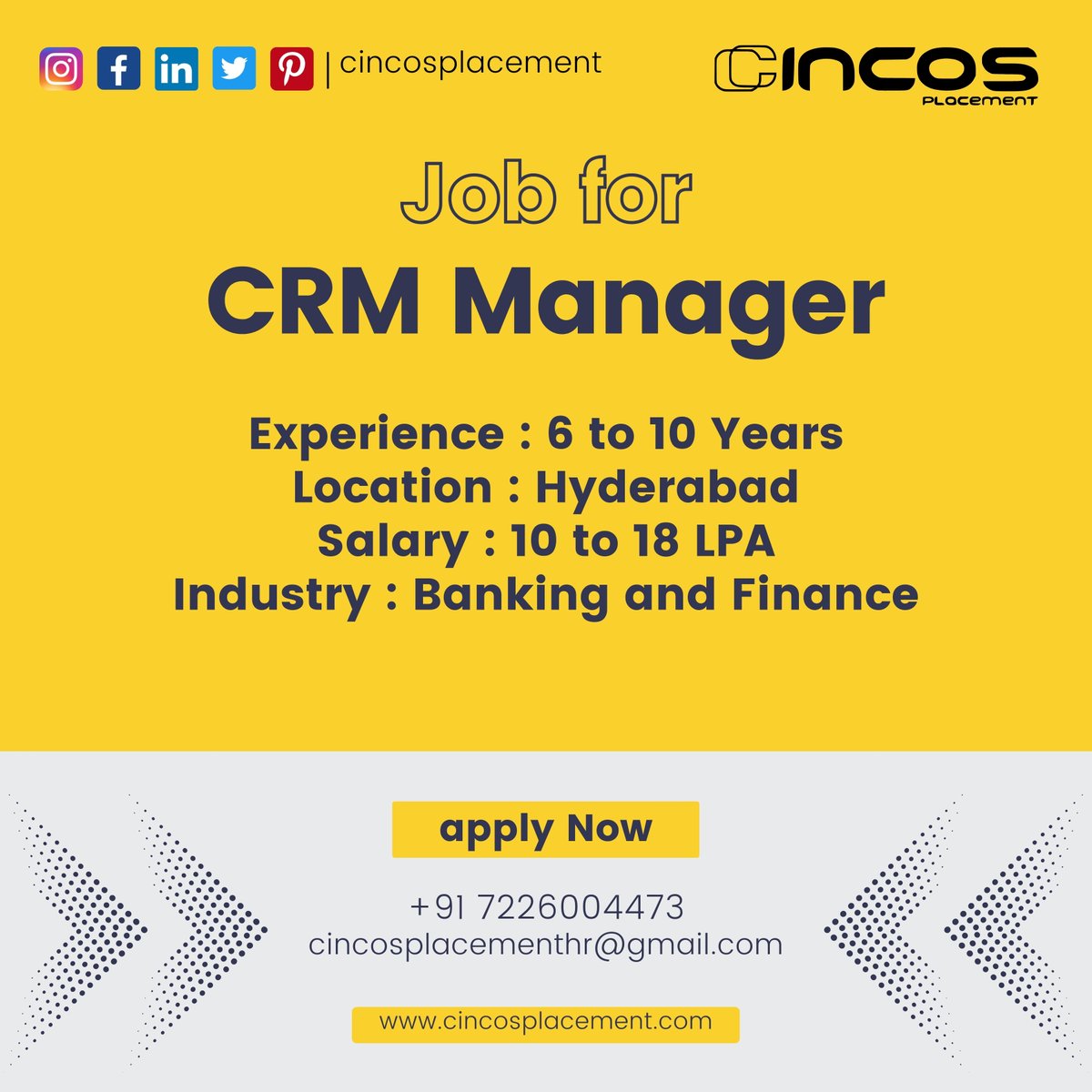 cincosplacement's tweet image. Shape customer connections! Join as a CRM Manager with the best recruitment consultancy in Hyderabad.

Contact Us
Phone : +91 7226004473

#CRMManager #HyderabadJobs #CustomerCraft
#BestJobPlacementAgencyInHyderabad
#BestJobJobPlacementConsultantInHyderabad
#NewOpportunities