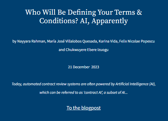 AI is increasingly used for #contractreview. Yet several risks should be addressed before its full potential for lawyers can be reached. In a new post, alumni Nayyara, María, Karina, Felix & Chuks discuss some challenges of contract #AI. Read it here: law.kuleuven.be/ai-summer-scho…