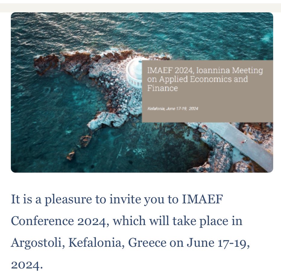 IMAEF_UoI's tweet photo. We are happy to announce that this year the #IMAEFConference will take place in Kefalonia. Argostoli, Greece. 
Dates: June  17-19

Call for Papers and Special Sessions here: https://t.co/V9f0HYaaqr https://t.co/kWRL3dQLMW