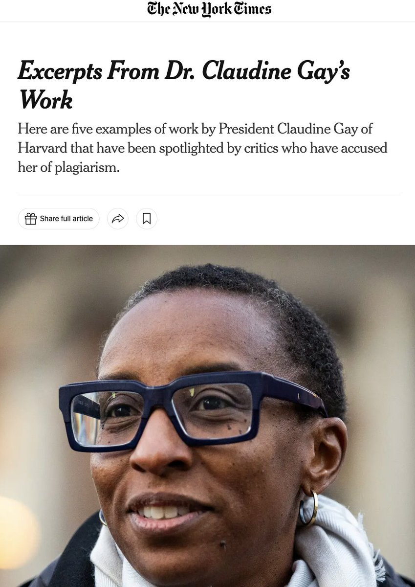 christopherrufo's tweet photo. BREAKING: The New York Times has just published a bombshell article analyzing five instances of Claudine Gay's plagiarism in depth, showing exactly how she lifted passages and violated the rules. This is damning. And coming from the Left. https://t.co/WqcrqDFOaR