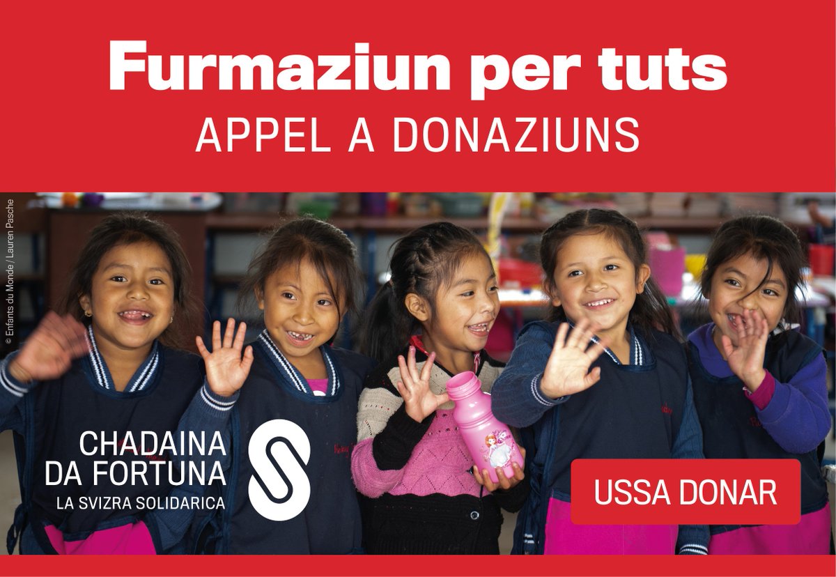 RTR (@rtrsrg) on Twitter photo RTR e la Chadaina da Fortuna rimnan per uffants e giuvenils. Fai ussa tia donaziun sin rtr.ch ubain via 0800 87 07 07 (automat a l'entschatta, smatgar sin 4 per rumantsch!)
#Glückskette #Kinder #Jugendliche #Bildung <a href="/Glueckskette/">Glückskette</a>
rtr.ch/interpresa/di-… RTR e la Chadaina da Fortuna rimnan per uffants e giuvenils. Fai ussa tia donaziun sin rtr.ch ubain via 0800 87 07 07 (automat a l'entschatta, smatgar sin 4 per rumantsch!)
#Glückskette #Kinder #Jugendliche #Bildung <a href="/Glueckskette/">Glückskette</a>
rtr.ch/interpresa/di-…