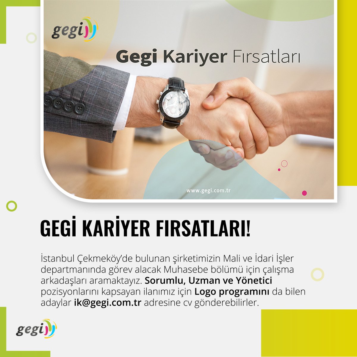 İstanbul Çekmeköy’de bulunan şirketimizin Mali ve İdari İşler Departmanında görev alacak Muhasebe Bölümü için çalışma arkadaşları aramaktayız.

#İşilanı #Hiring #BilgiTeknolojileri #İstanbulİş #Koordinasyon #EkipÇalışması #StresYönetimi #TeknikBilgi #İşOrtakları #PazarPotansiyeli