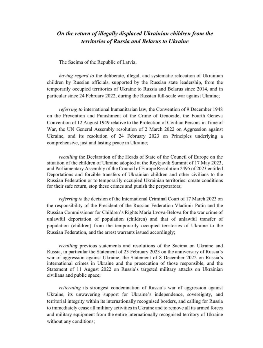 ZKLukasevica's tweet image. Latvian Parliament just adopted a Declaration on the return of illegally displaced Ukrainian children from the territories of Russia and Belarus to Ukraine.

We encourage other countries to take an active and immediate role in the matter and to adopt similar resolutions.
