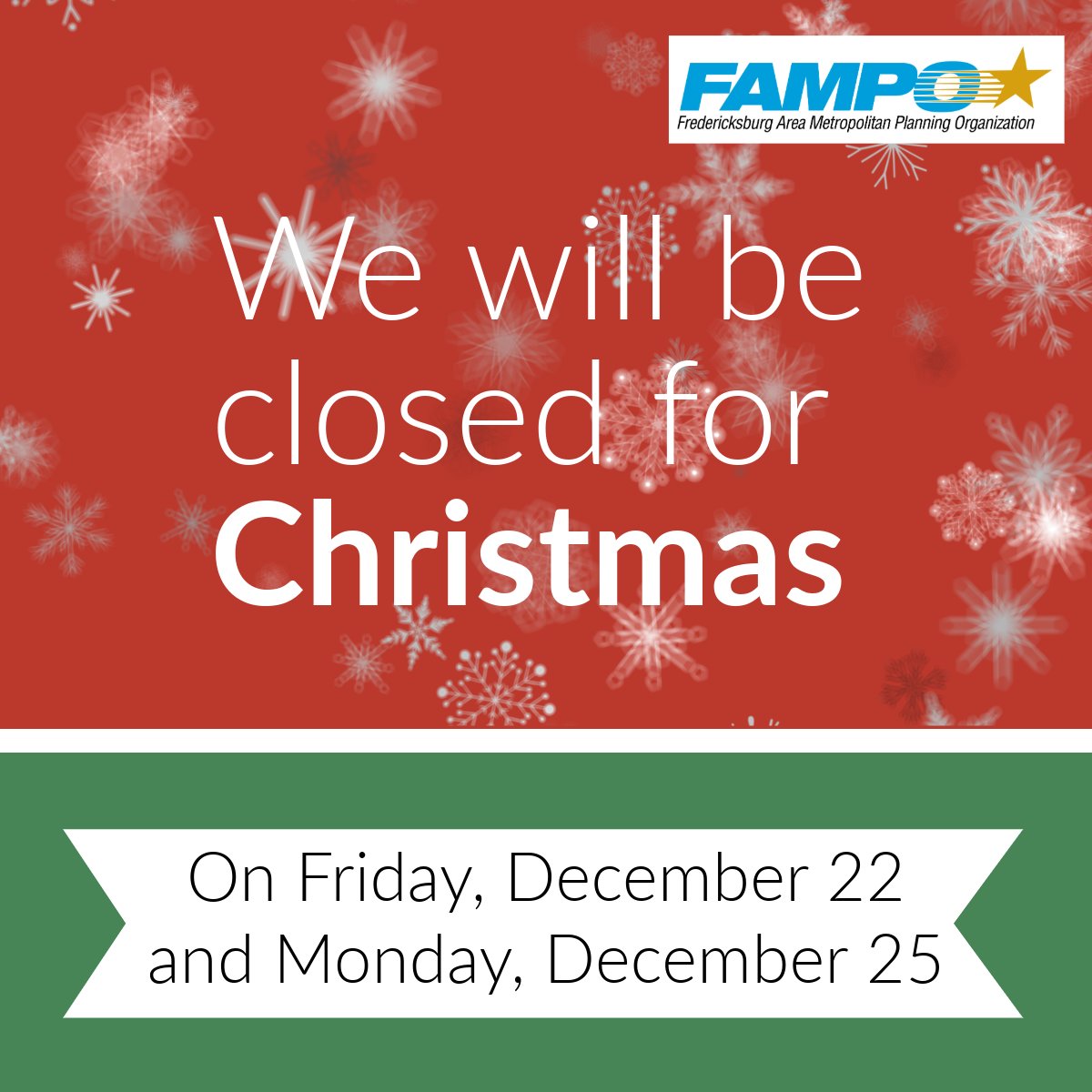 We will be closed for the Christmas holiday on Friday, December 22 and Monday, December 25. See you again on December 26!

#holiday #christmas #closed #officeclosed #mpo #transportation