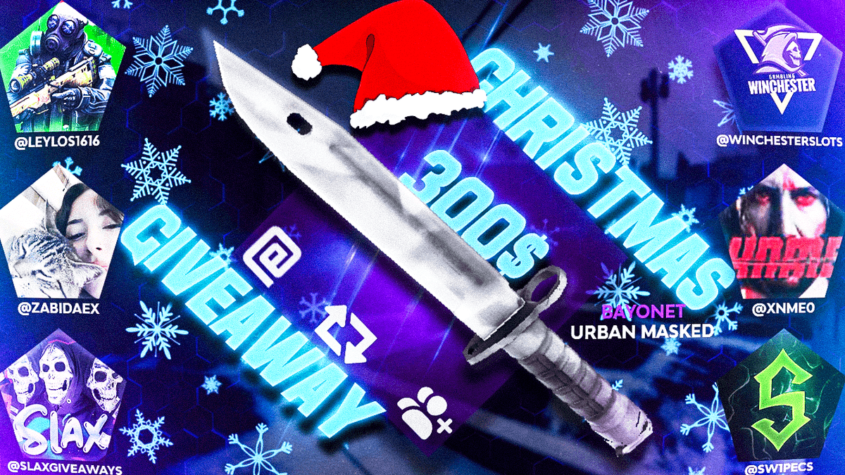 Leylos1616's tweet image. ❗Christmas Giveaway❗

🎉★ Bayonet | Urban Masked (300$)🎉

➡TO ENTER:

✅Retweet
✅Follow @Leylos1616 &amp;amp; @zabidaex &amp;amp; @winchesterslots &amp;amp; @SlaxGiveaways &amp;amp; @XnmE0 &amp;amp; @sw1peCS
✅Tag 2 Friend

⏰End's on January 1st⏰

#CSGO #CSGOGiveaway #CS2 #Sponsored #Christmas #Giveaway…
