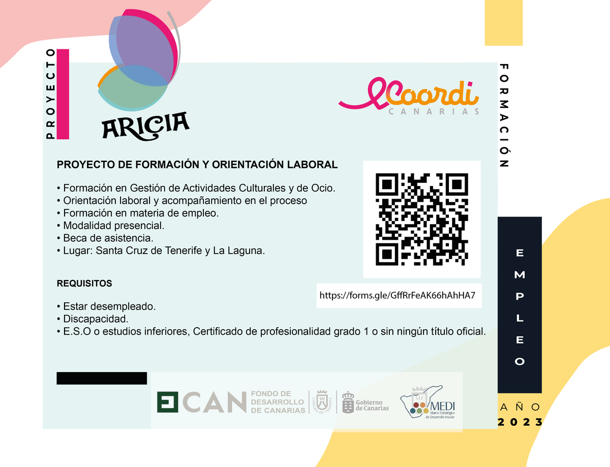 El 18 de diciembre comenzó el Proyecto Aricia 2023. El proyecto está dirigido a personas con discapacidad, desempleadas y con escaso nivel de estudios, si cumples los requisitos y estás interesad@ puedes rellenar el formulario que encontrarás en: forms.gle/GffRrFeAK66hAh…