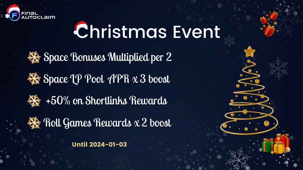 🎄 Festive Rewards Await at #FinalAutoclaim!

🚀 Double Delight with #SpaceToken bonuses!
💎 Triple Treat in $SPACE LP pool (60% APR min)!
🎁 50% More on Shortlinks!
🎲 Doubled rewards on Roll Games! 

🌟 Celebrate & Earn: 
bit.ly/finalauto

#CryptoJoy #CryptoChristmas