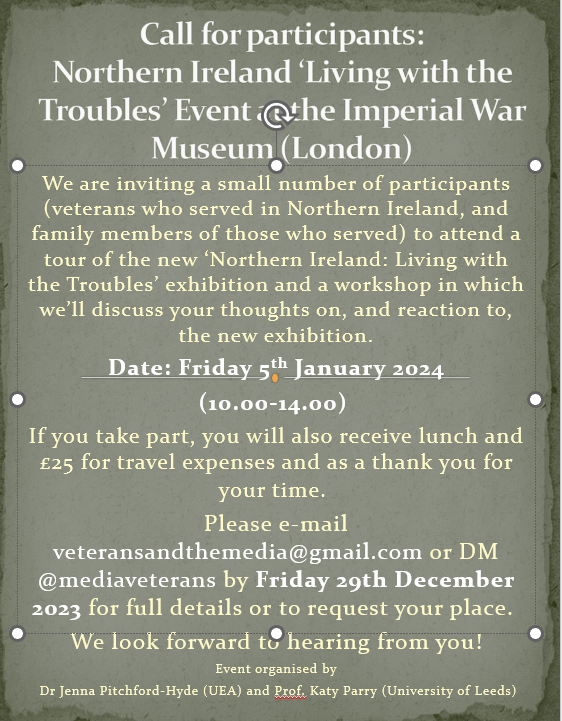 🚨 5th Jan: We are inviting veterans who served in Northern Ireland, and their family members, to attend a tour of the ‘Northern Ireland: Living with the Troubles’ exhibition at IWM London and a workshop in which we’ll discuss your responses. 🌟Free lunch + £25 for expenses.