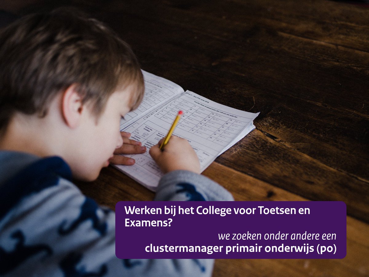 Werken bij het College voor Toetsen en Examens? We zoeken onder andere een clustermanager primair onderwijs <a href="/hetcvte/">Het College voor Toetsen en Examens</a>. Meedenken over het bewaken van de kwaliteit van observatie-instrumenten (groep 1/2) én toetsen: linkedin.com/feed/update/ur…
#werkenbijcvte #vacature #primaironderwijs