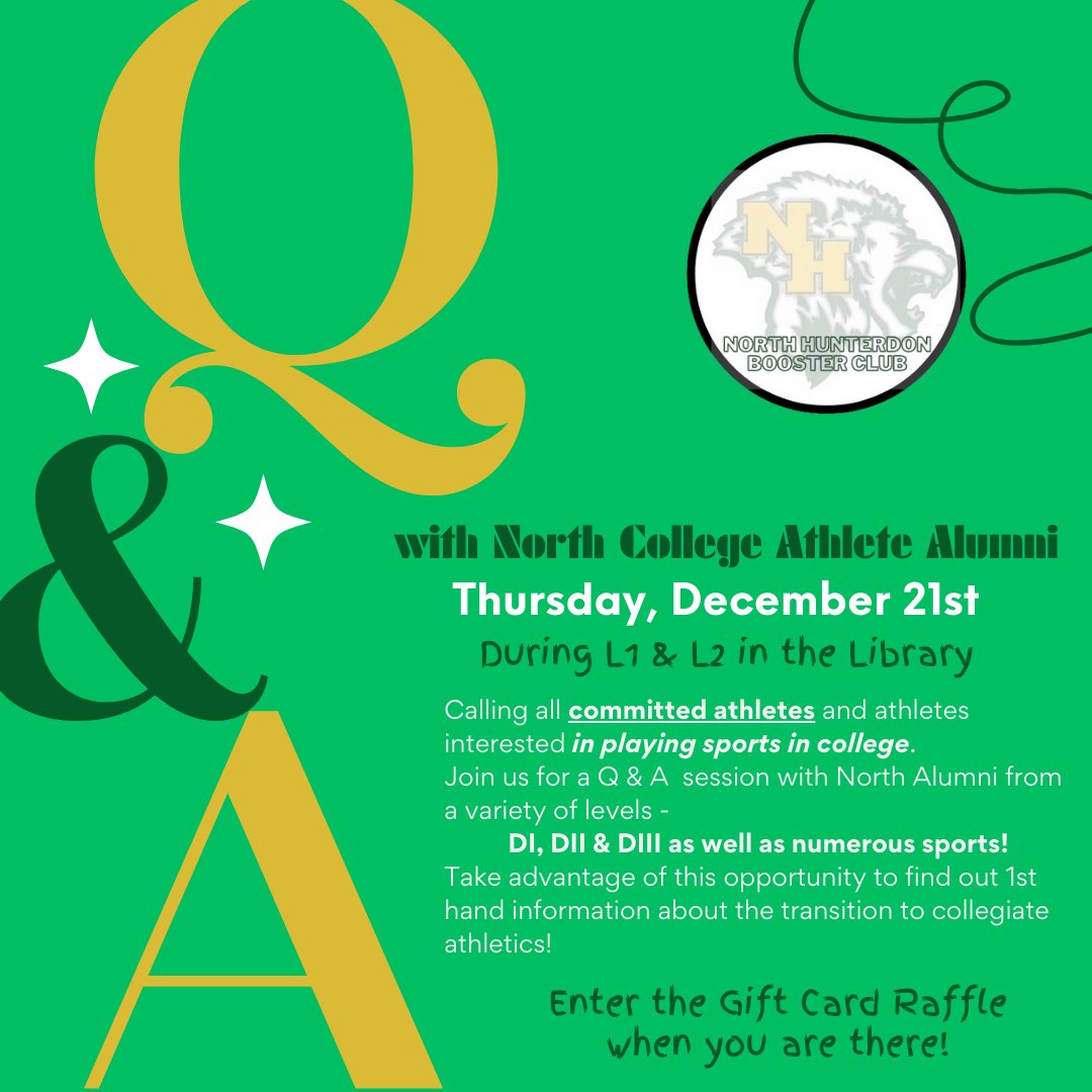 North Hunterdon HS Booster Club (@nhhsboosterclub) on Twitter photo TODAY during L1 & L2 - open to ALL athletes interested in playing collegiate sports!
💰Don’t forget to enter the gift card raffles! <a href="/NHHS_Lions/">North Hunterdon Athletics</a> <a href="/NorthJungle/">North Jungle</a> TODAY during L1 & L2 - open to ALL athletes interested in playing collegiate sports!
💰Don’t forget to enter the gift card raffles! <a href="/NHHS_Lions/">North Hunterdon Athletics</a> <a href="/NorthJungle/">North Jungle</a>