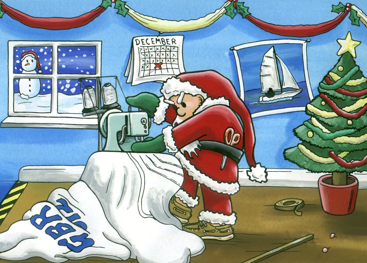 “Blessed Are The Sailmakers.”
.
#Santa #fatherChristmas #santaclaus #Christmas #Christmastree #sail #Sails #sailmaker #sailmaking #mainsail #genoa #sewing #sailcloth #santasworkshop  #sailloft #sewingmachine #snow #snowman #sailing #sailingadventures #yachting #artbylaurie