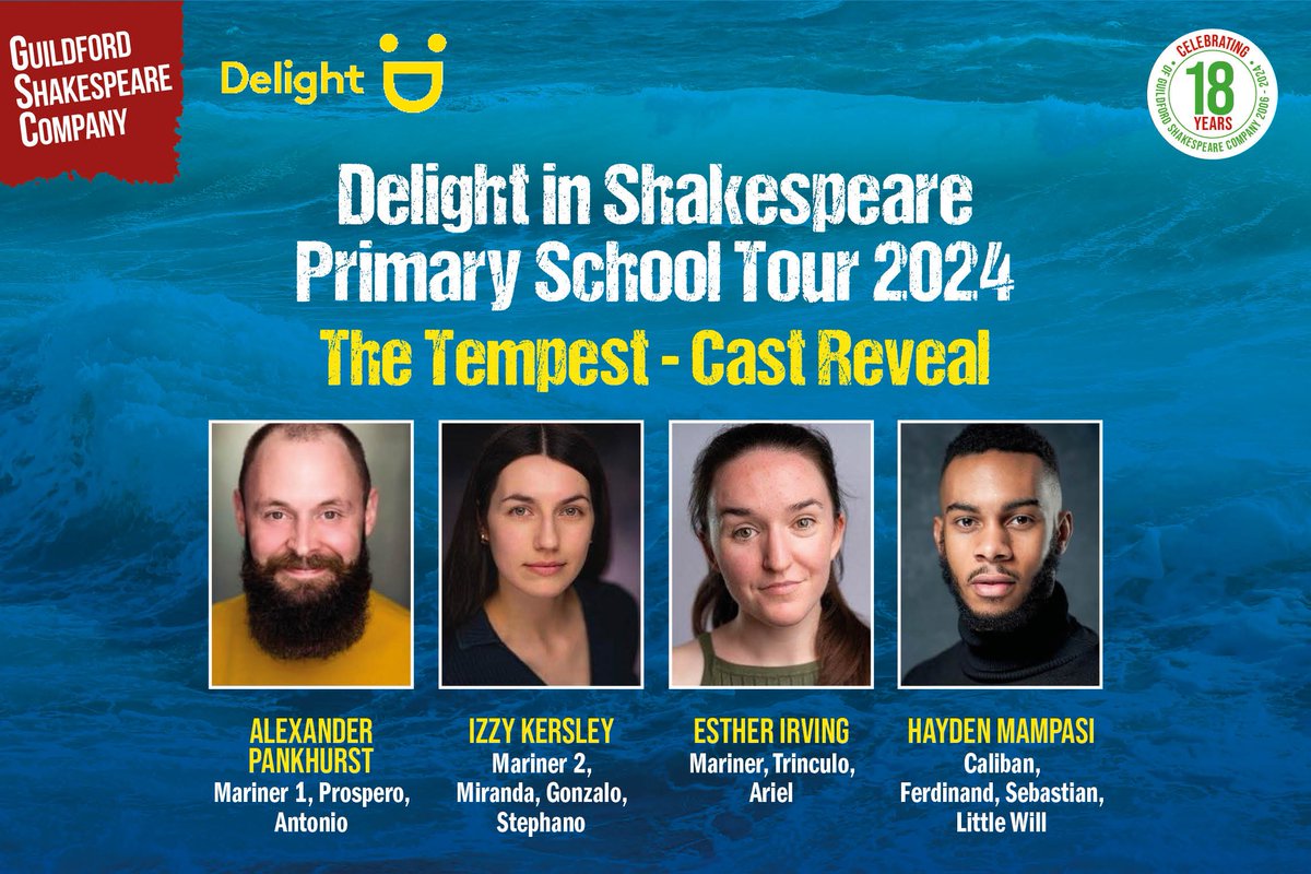 ANOTHER CAST ANNOUNCEMENT! Meet the 'Delight in Shakespeare' 2024 cast of The Tempest! From the 8 Jan, they'll be visiting primary schools across Surrey, bringing the magic of SHakespeare's final play to life. Produced with our partners @delightcharity guildford-shakespeare-company.co.uk/outreachtours/
