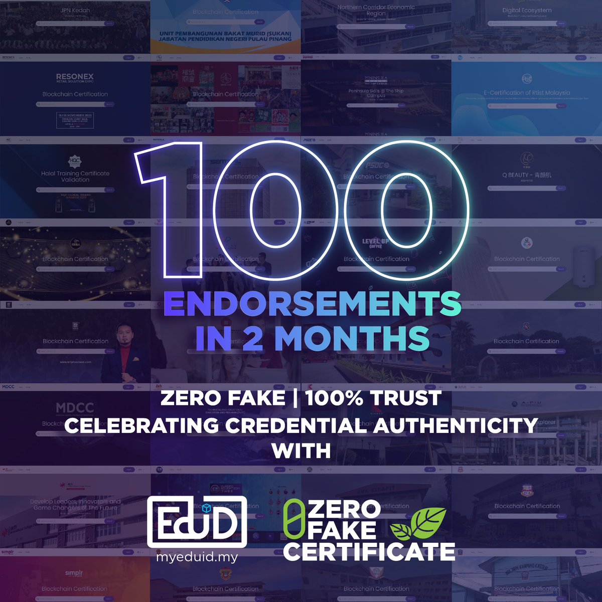 Our Zero Fake Certificate Campaign by MyEduID just hit a major milestone with 100 endorsements from top education institutions and organisations in just two months! 

Thank you for supporting authenticity and integrity in education. #ZeroFake #100Endorsements #EducationIntegrity