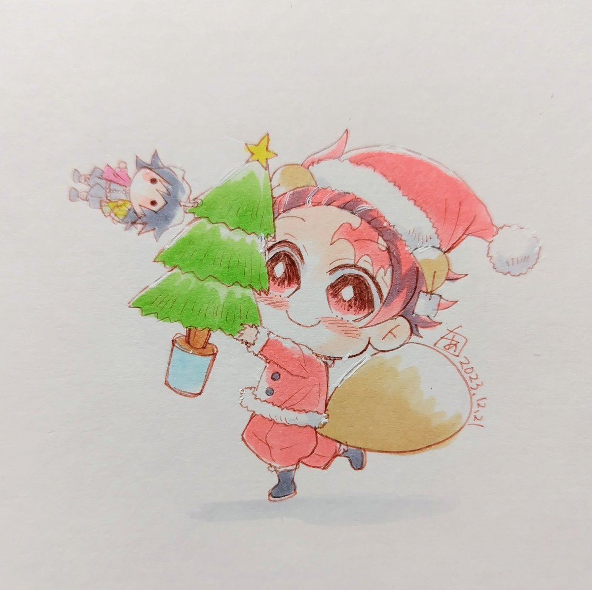 kamado tanjirou santa hat hat male focus christmas character doll red pants scar  illustration images