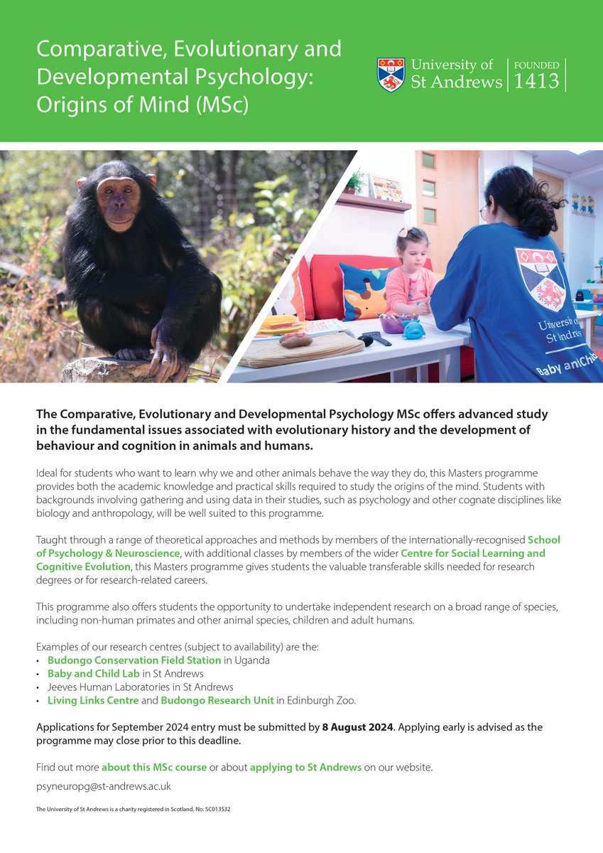 Manon Schweinfurth (@manonschweinfu1) on Twitter photo Do you want to learn why we and other animals behave the way they do? Then join us <a href="/univofstandrews/">University of St Andrews</a> for our one-year MSc programme 'Origins of Mind' taught by stellar researchers @st_psy. Any Questions? DM me Do you want to learn why we and other animals behave the way they do? Then join us <a href="/univofstandrews/">University of St Andrews</a> for our one-year MSc programme 'Origins of Mind' taught by stellar researchers @st_psy. Any Questions? DM me