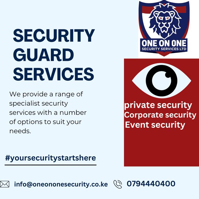 1on1SecurityLtd's tweet photo. Reliable teams to ensure the protection of your people and facilities.
Call us today for our excellent guarding services.
+254794440400
info@oneononesecurity.co.ke
#yoursecuritystartshere
#KCSE nairobi mess Doyen ezra chiloba Amina Mohamed #zakayo TD Jakes Miguna kithuri Aoko zin https://t.co/n5Qaw9uzDL