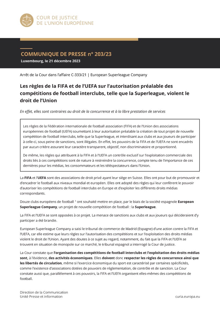 Football : l'arrêt de la Cour de justice de l'UE sur la Super Ligue sera  rendu le 21 décembre 2023 