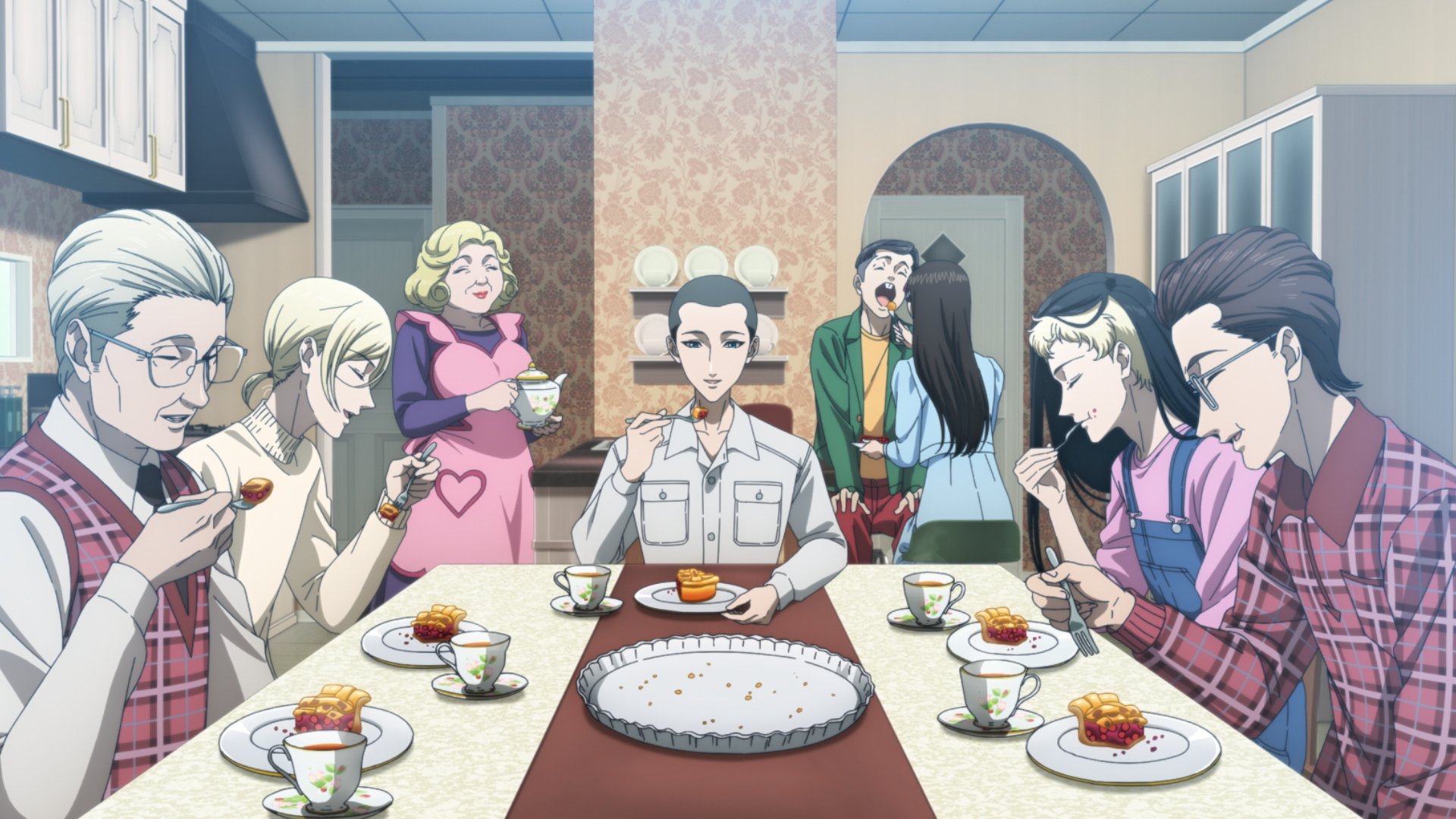 Grown up versions of Migi and Dali enjoying cherry pie in a dining room with their friends.