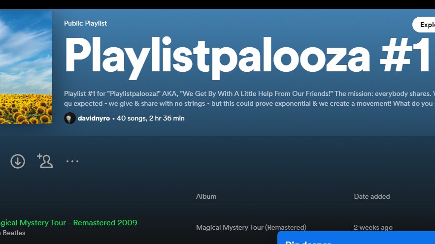 David Nyro (@davidnyro) on Twitter photo OK, I mentioned @josephttavano inspired me: #Playlistpalooza! 100's of us create #playlists! No quid pro quo, but critical mass attained?
Here's my first:
open.spotify.com/playlist/6dMBQ…
@GinaFrenchMusic <a href="/CarolinaStory/">Carolina Story</a> <a href="/BirdsOver/">Birds Over Arkansas</a> <a href="/trailerhawk/">trailerhawk</a> <a href="/massyferguson/">Massy Ferguson</a> <a href="/firehillmusic/">FIREHILL</a> <a href="/DorstenMusic/">Dorsten</a> OK, I mentioned @josephttavano inspired me: #Playlistpalooza! 100's of us create #playlists! No quid pro quo, but critical mass attained?
Here's my first:
open.spotify.com/playlist/6dMBQ…
@GinaFrenchMusic <a href="/CarolinaStory/">Carolina Story</a> <a href="/BirdsOver/">Birds Over Arkansas</a> <a href="/trailerhawk/">trailerhawk</a> <a href="/massyferguson/">Massy Ferguson</a> <a href="/firehillmusic/">FIREHILL</a> <a href="/DorstenMusic/">Dorsten</a>