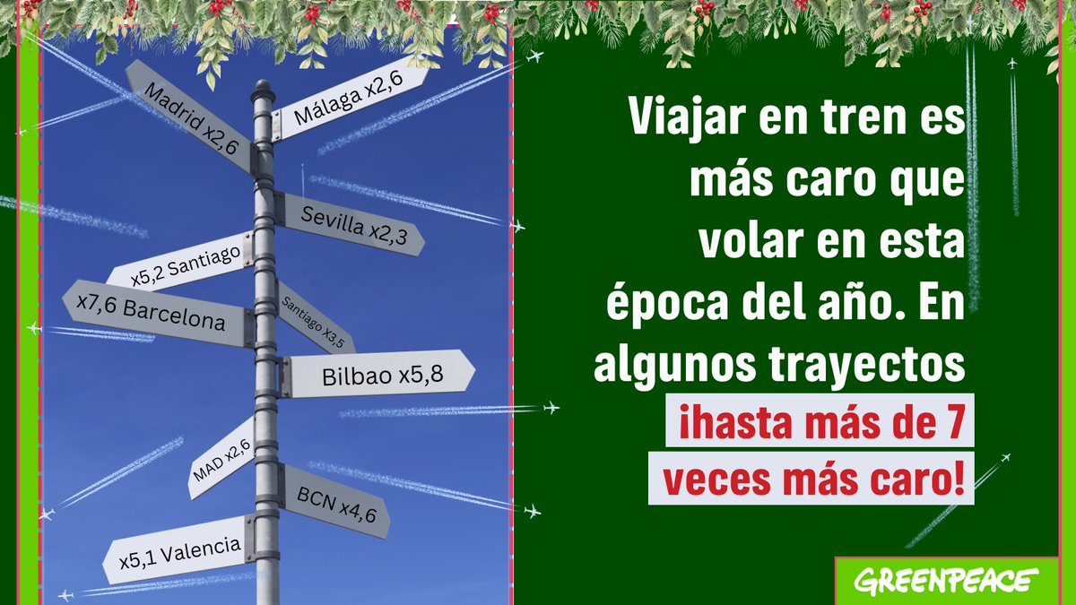 🚄✈️🎄NUEVA INVESTIGACIÓN Mientras muchos españoles vuelven a casa por Navidad, hemos comparado el precio de los billetes de tren y avión en 20 rutas peninsulares Malas noticias, de media, el tren es casi 2 veces más caro que los vuelos 📋➡️es.greenpeace.org/es/sala-de-pre… 1/5🧵