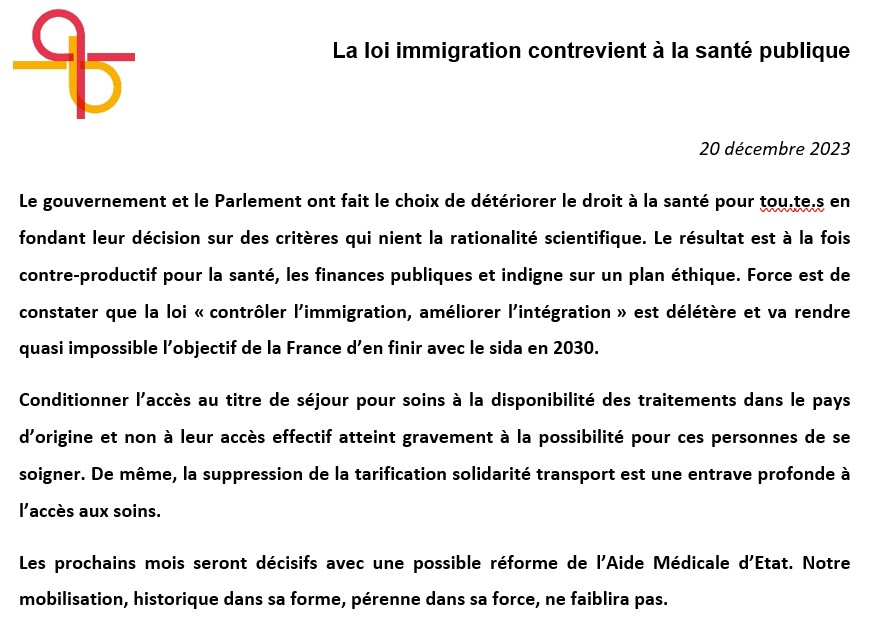 Réaction du Collectif #10Choixpolitiques pour en finir avec le sida au #PJLimmigration : Le gouvernement & le Parlement ont fait le choix de détériorer le droit à la santé en fondant leur décision sur des critères qui nient la rationalité scientifique cutt.ly/uwDQfUni🧵