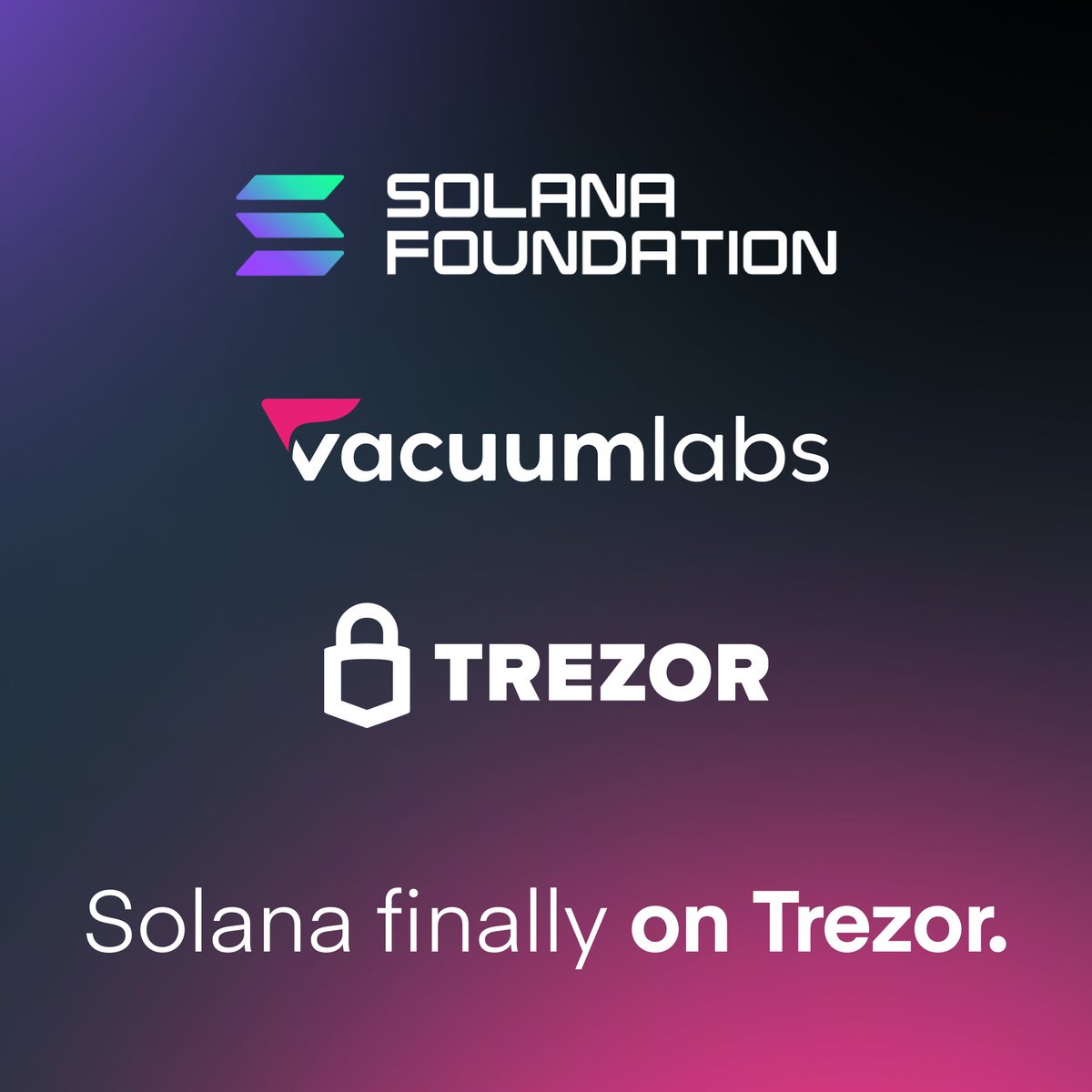 Exciting news!🎉 Solana support for Trezor hardware wallets is here - powered by @Vacuumlabs. Trezor users can manage digital assets effortlessly on Solana. Huge thanks to <a href="/SolanaFndn/">Solana Foundation</a> and <a href="/Trezor/">Trezor</a> for the collaboration in crafting this solution. 🙌
