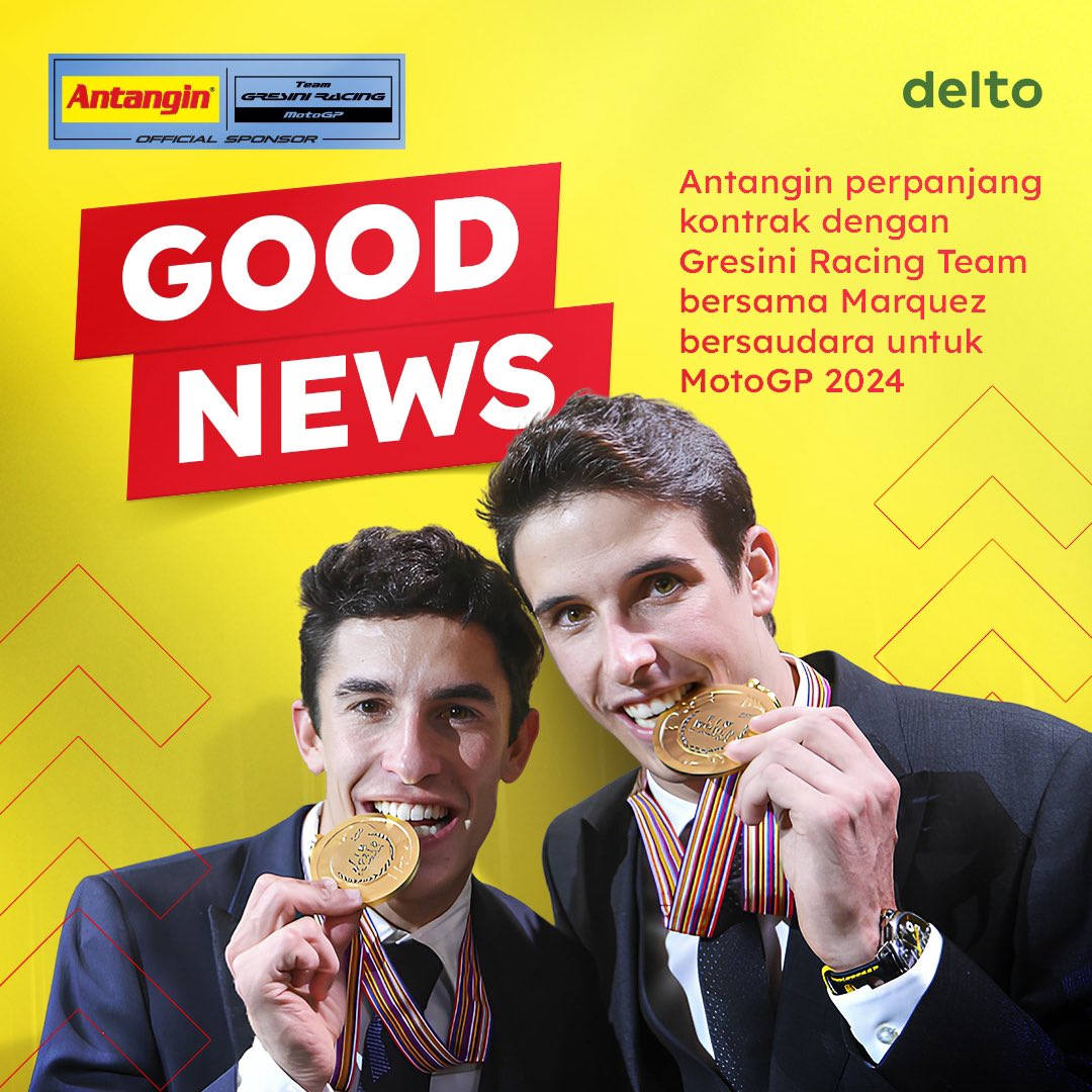 Antangin_IDN's tweet photo. Caption:

PT. Deltomed Laboratories dan Tim Gresini Racing resmi memperpanjang kerjasama sponsorship untuk MotoGP 2024 mendatang.

Pada musim 2024 nanti, Marc Marquez akan bergabung bersama sang adik Alex MArquez untuk menjadi pembalap unggulan Gresini Racing Team #motogp https://t.co/mPD5pmBSHS
