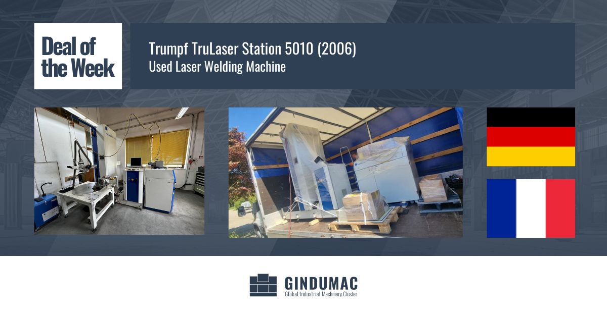 Deal of the Week!

Used Laser Welding Machine Trumpf TruLaser Station 5010 (2006), sold from Germany to France, DAP, 1038 km to go.

See machine: bit.ly/3BuYDBv

#gindumac #usedmachinery #laserweldingmachine #trumpf #dealoftheweek