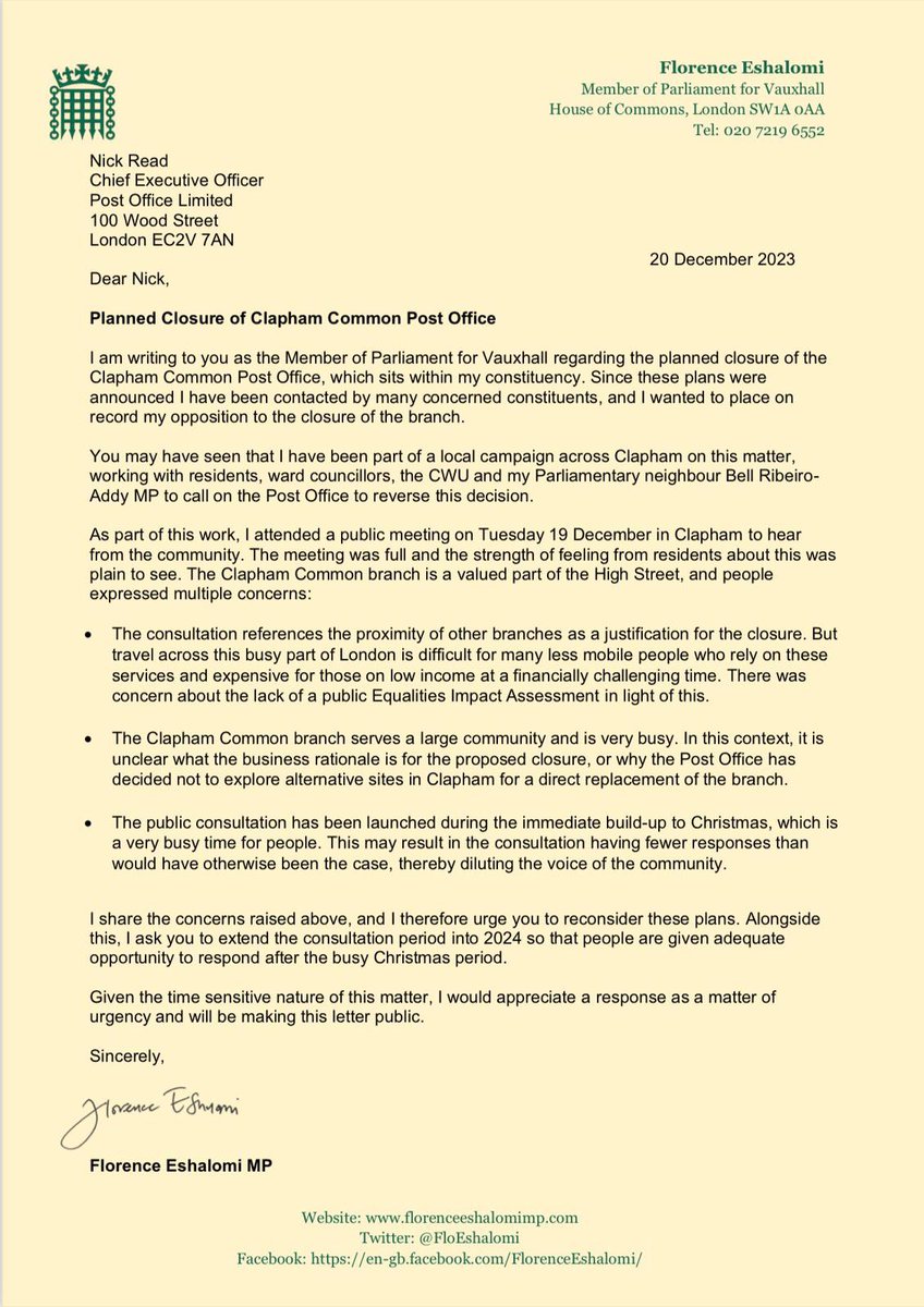 #ClaphamCommon post office &amp; <a href="/CWUnews/">CWU</a> staff provide a vital service for local people.

The strength of local public support was evident at a recent public meeting.

I have written to Nick Read, Post Office Chief Exec. We are campaigning &amp; fighting to save this essential service.