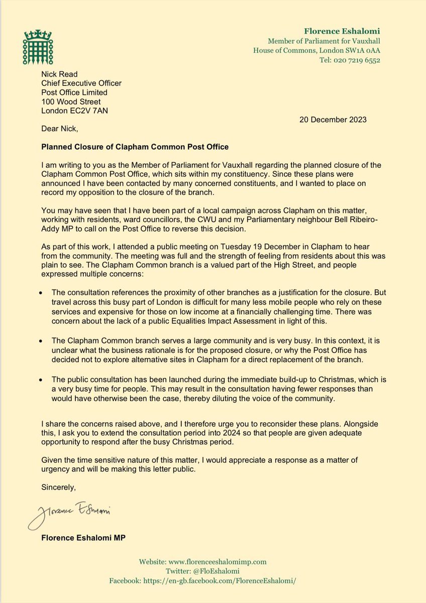 #ClaphamCommon post office & @CWUnews staff provide a vital service for local people. The strength of local public support was evident at a recent public meeting. I have written to Nick Read, Post Office Chief Exec. We are campaigning & fighting to save this essential service.