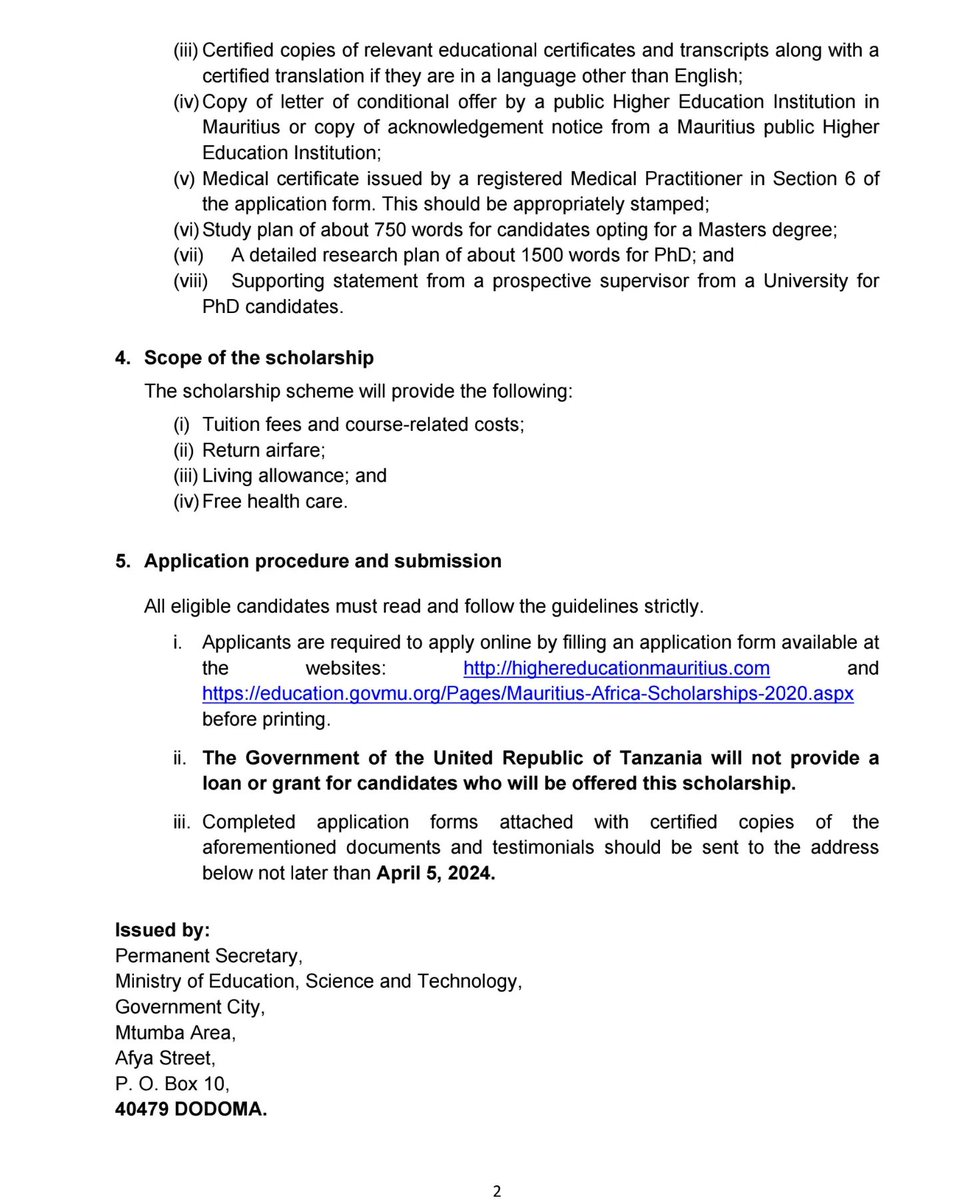 THE MAURITIUS - AFRICA SCHOLARSHIP SCHEME 2024