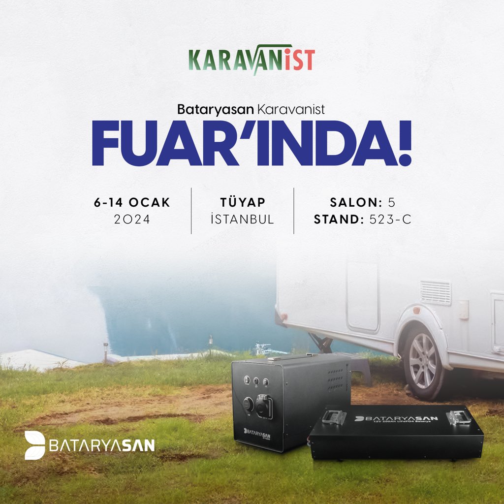 Bataryasan 6-14 Ocak 2024’te Karavanist Fuarında!

TÜYAP - İstanbul
Salon: 5
Stand: 523-C

#powergenerator #energy #camp #caravan #powerstation #ongrid #ofgrid #fuar #karavanist #karavanistfuarındabuluşuyoruz