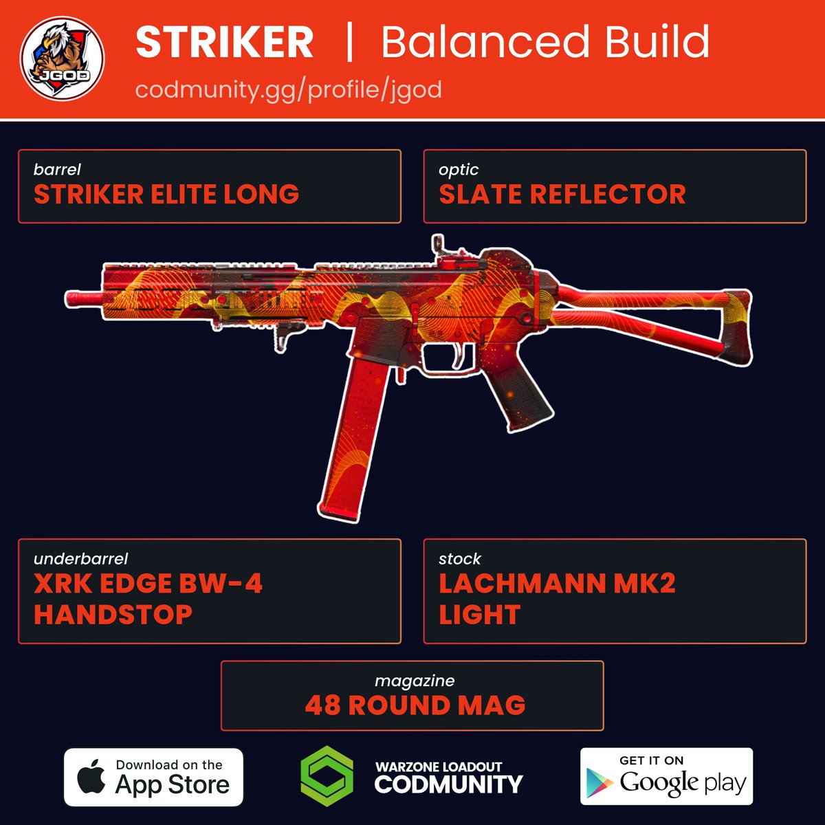 👑 STRIKER LOADOUTS BY @JGODYT 👑 In his most recent video, JGOD revealed the secret behind why the Striker is really popular despite not having the best TTK (Go watch it!) He also gave us four loadouts for this SMG: - Balanced - Suppressed Irons - Movement - Aggro #Warzone