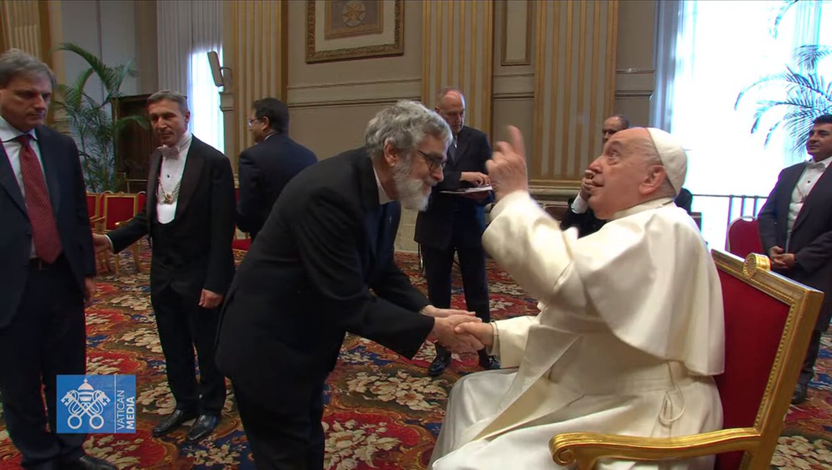 #PopeFrancis greets officials of the Roman Curia, including Jesuit Brother Guy Consolmagno, director of the Vatican astronomical observatory. The pope seemed to recognize that his job involves looking up at the stars.