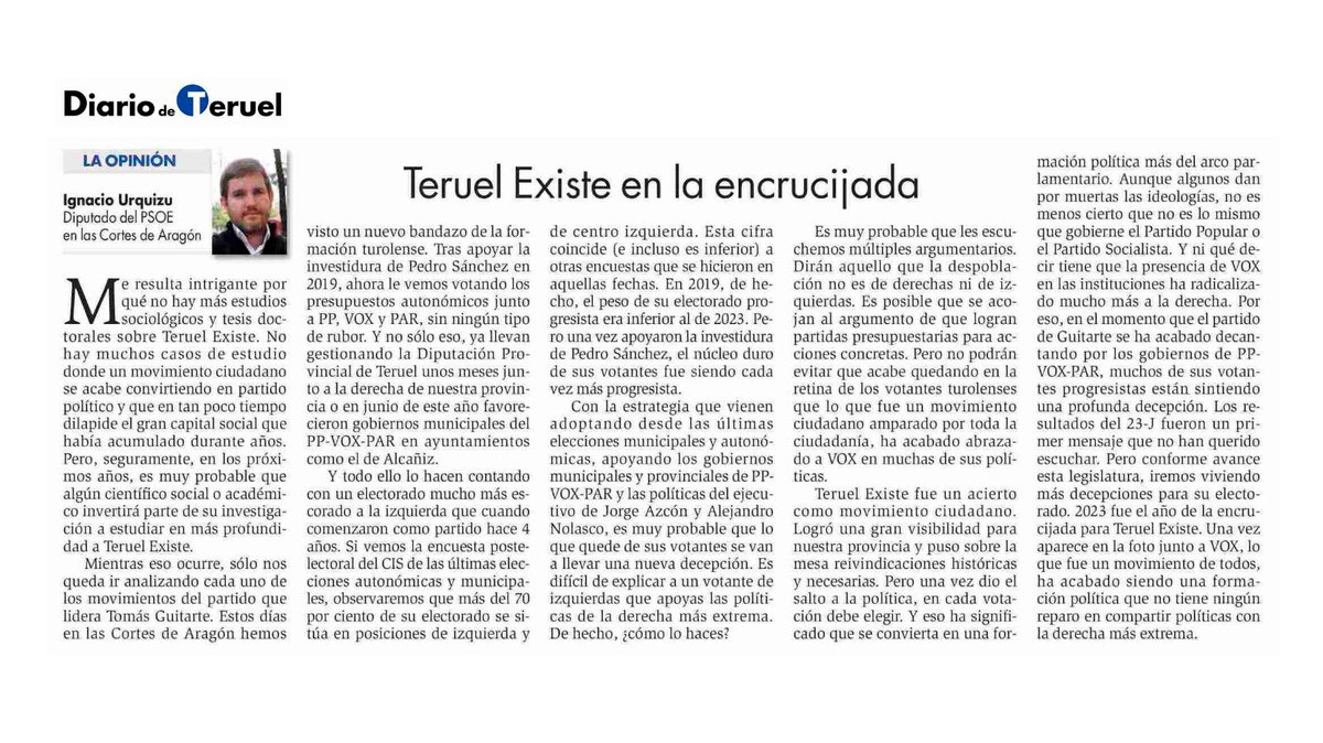 Totalmente de acuerdo @iurquizu. @TeruelExiste_ es un fraude, con su dirigente entregado al @pparagon desde antes de las elecciones. Insulta a la inteligencia de los turolenses, engaña a sus electores y distorsiona para mal la imagen de #Teruel. Nunca me equivoqué con ellos