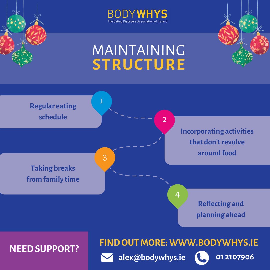 🎄If you have a daily routine, it can be helpful to try to find a balance between sticking to this on Christmas day & also allowing for some flexibility. Having a structure & maintaining a regular eating schedule can be helpful. Find more resources here: linktr.ee/bodywhys