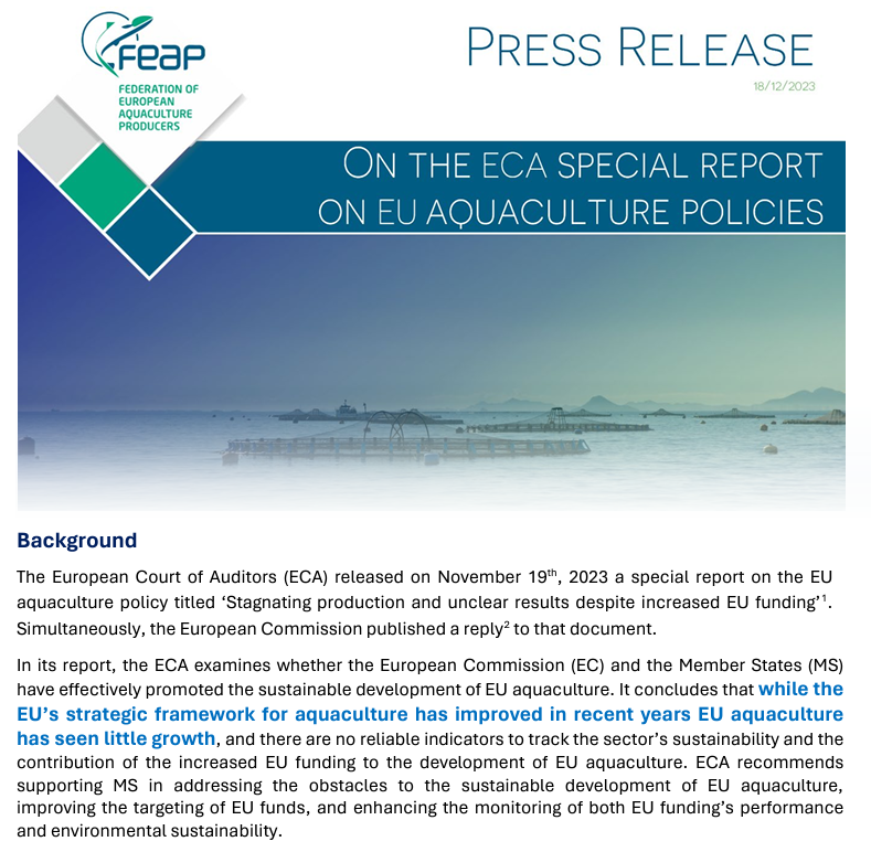 <a href="/feapinfo/">FEAP</a> #Pressrelease: our position regarding the <a href="/EUauditors/">European Court of Auditors</a> report on #aquaculture in the EU.

Huge potential to provide food, economic development, and employment opportunities... but right now it's in limbo. 

Time to wake up and take action👇

feap.info/index.php/news/