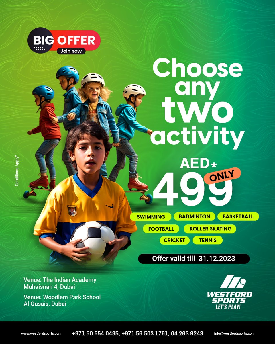 🌟 Year-End Bliss at Westford Sports! 🎉
Celebrate the closing days of 2023 with our exclusive offer!!!
Pick any two activities (8 sessions each) for just 499 AED (VAT inclusive).
📞: +971 050 554 0495, +971 56 503 1761

#yearendoffer #exclusiveoffer #fitnessgoals #westfordsports