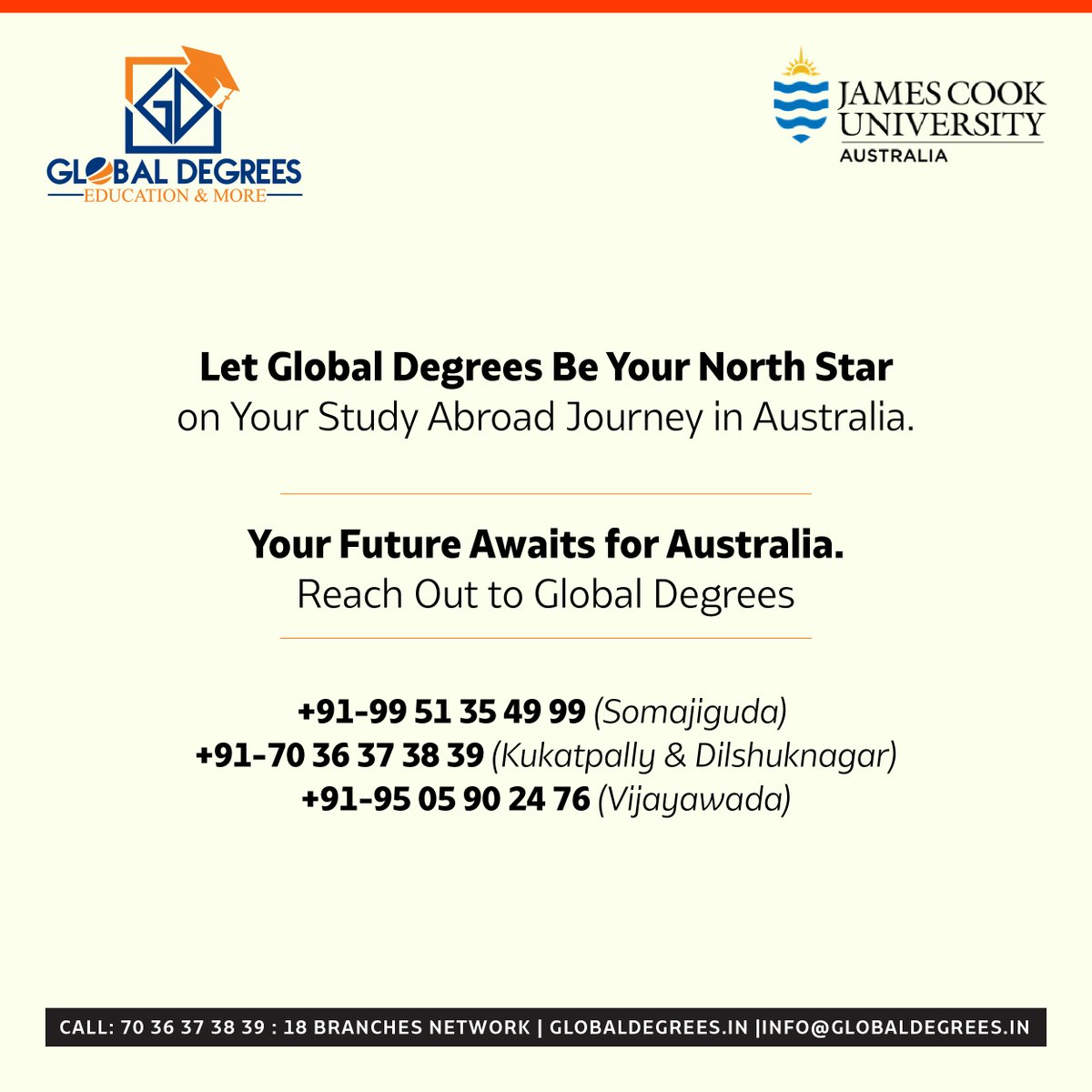 As leading global education advisers, we are committed to providing extensive support for #studyingabroad. 

Enroll at #JamesCookUniversity through our consultant and have access to an exceptional education in Australia. 

Commence your journey towards prosperity now!