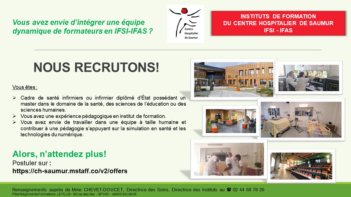 L'IFSI-IFAS du Centre Hospitalier de Saumur recrute ! Pour postuler, c'est par ici : ch-saumur.mstaff.co/v2/offers