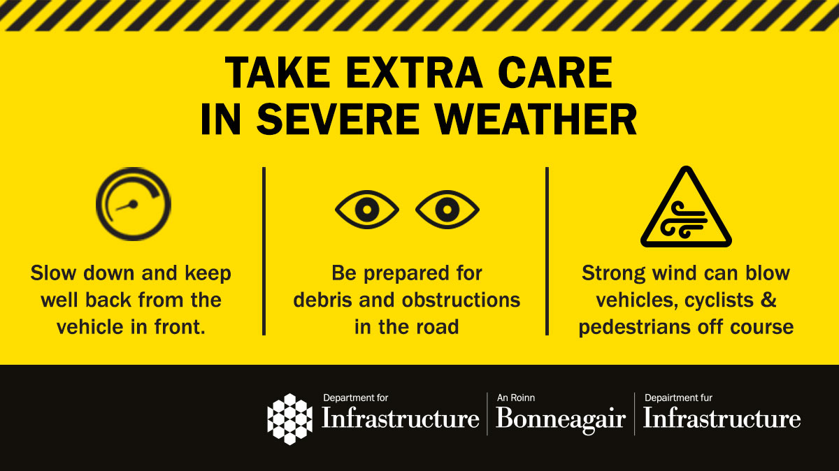 Please take extra care on the roads as there may be fallen trees & flying debris as a result of the @metofficeNI weather warning for wind in place until 3pm today. Advice & info: @TrafficwatchNI & @nidirect Report an obstruction on a road or street: nidirect.gov.uk/services/repor…