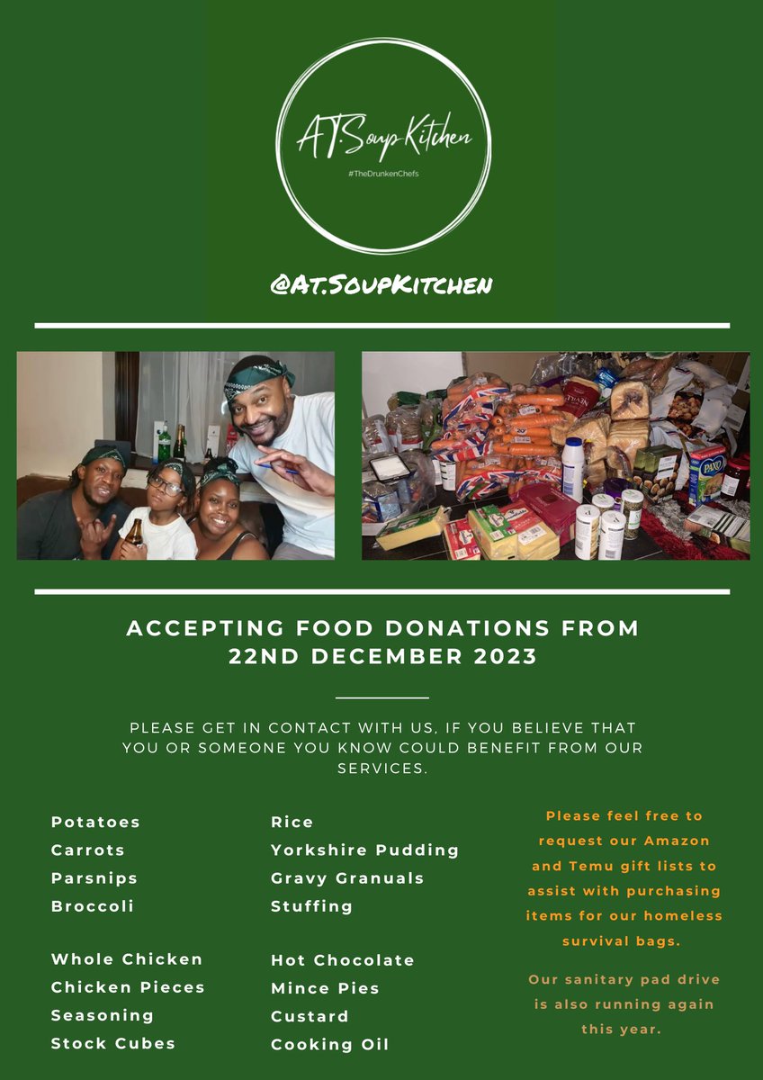 Hi guys! We are accepting donations for the Soup Kitchen from tomorrow. Anything at all you can contribute will be appreciated - please see list below 🫶🏾

IG @/AT.SoupKitchen