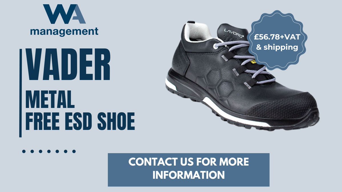 💡 #PPE Spotlight 💡 This week we're spotlighting the Vader Metal Free ESD Shoe. This shoe features, antivibration, antistatic, resistance to fuel oil, and more. Available for £.56.78+VAT and shipping - Get in touch to place your order! 👇 buff.ly/2ZPMwK9