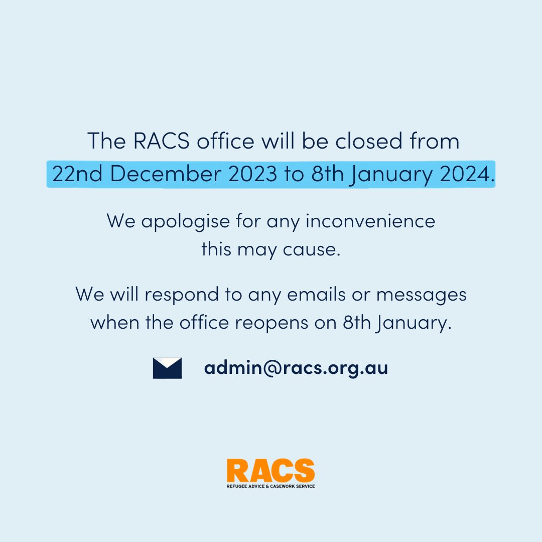 Please note that the RACS office will be closed for the holiday period from 4pm 22nd December to 9am 8th January.