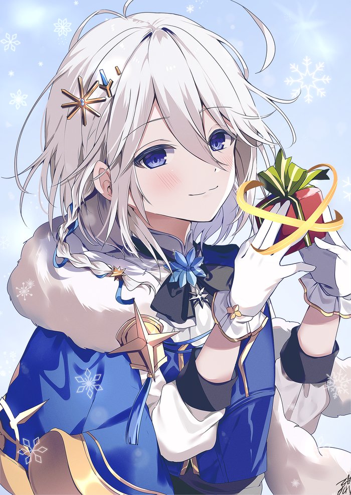 gift 1boy male focus blue eyes smile gloves solo  illustration images