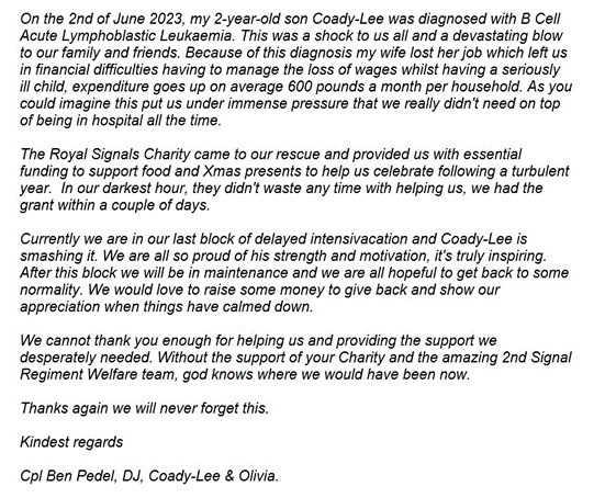 This time of year, is a great time to reflect and to continue to make sure that we reach out to those who need our help. The story below is one where the RSC helped one of our Signals Family. We are here if you need us. We wish you all a Merry Christmas and a fantastic New Year!