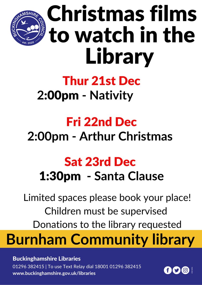 Come along to Burnham Library 21st, 22nd &amp; 23rd to see some festive films. No charge but donations welcome. Booking required. Details here: friendsofburnhamlibrary.org  <a href="/Bucks_Libraries/">Buckinghamshire Libraries</a> #libraries #ChristmasMovies
